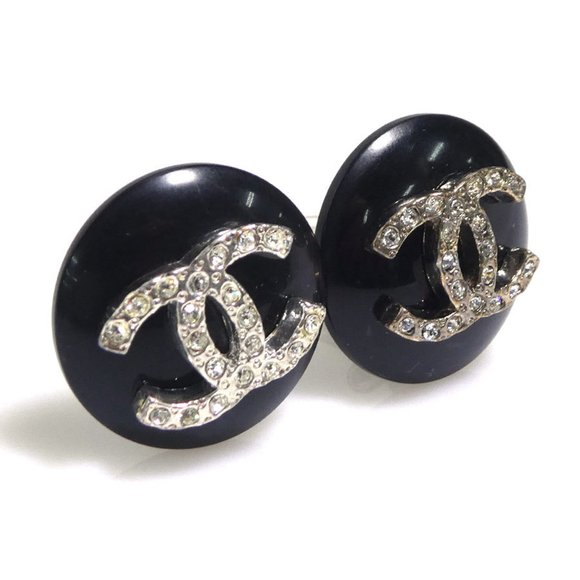 CHANEL Earrings Coco Mark Metal Plastic Silver Black Women's e59729g